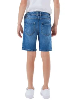 Short en coton mélangé indigo uni avec 5 poches et une coupe droite