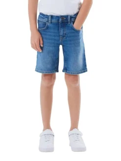 Short en coton mélangé indigo uni avec 5 poches et une coupe droite