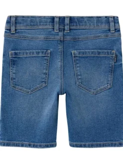 Short en coton mélangé indigo uni avec 5 poches et une coupe droite