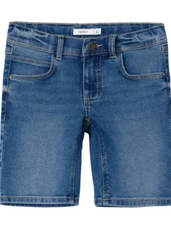 Short en coton mélangé indigo uni avec 5 poches et une coupe droite