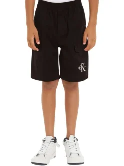 Short en coton noir uni avec une coupe cargo et une ceinture élastiquée