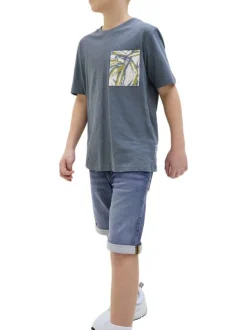 Short indigo à coupe droite à revers pourvu de multiples poches
