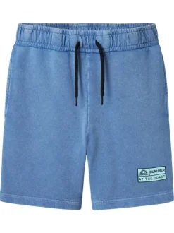 Short jogging en coton biologique bleu effet légèrement délavé à coupe droite