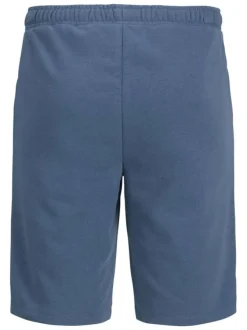 Short jogging en coton bleu avec 2 poches et logo imprimé en orange et blanc
