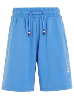 Short jogging en coton mélangé bleu uni avec une coupe droite