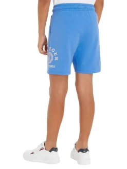 Short jogging en coton mélangé bleu uni avec une coupe droite