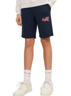 Short jogging en coton mélangé marine avec logo imprimé en rouge et blanc