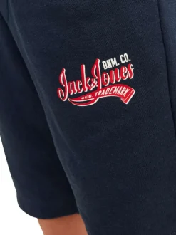 Short jogging en coton mélangé marine avec logo imprimé en rouge et blanc