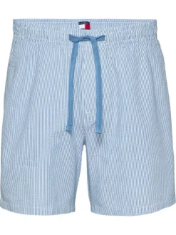 Short bleu rayé en coton avec une coupe droite et un lien de serrage à la taille