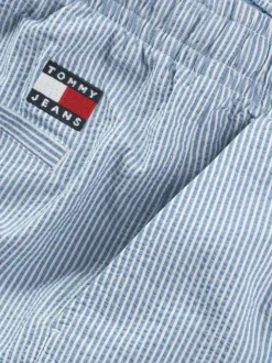 Short bleu rayé en coton avec une coupe droite et un lien de serrage à la taille