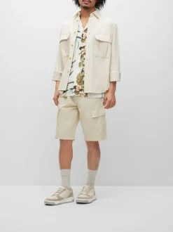 Short Cargo en coton beige uni avec 6 poches et lien à nouer