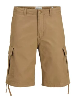 Short Cargo en coton beige uni avec une coupe droite et des passants
