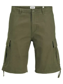 Short Cargo en coton kaki uni avec une coupe droite et des passants