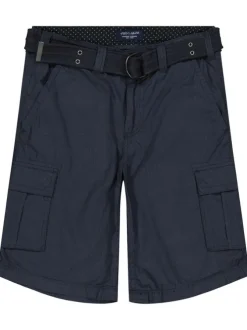 Short cargo en coton marine texturé avec une coupe droite et une ceinture