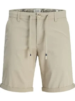 Short chino en coton beige uni avec une coupe droite et un lien de serrage