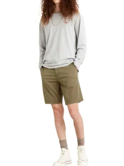 Short Chino en coton kaki uni coupe regular fit à poches passepoilées