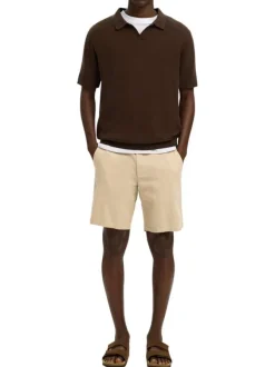 Short Chino en lin et coton beige uni avec un cordon de serrage à la taille