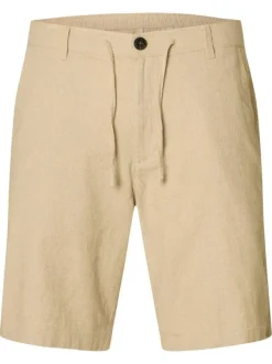 Short Chino en lin et coton beige uni avec un cordon de serrage à la taille