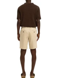 Short Chino en lin et coton beige uni avec un cordon de serrage à la taille