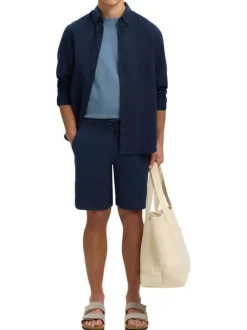 Short Chino en lin et coton marine uni avec une coupe droite