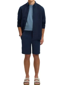Short Chino en lin et coton marine uni avec une coupe droite