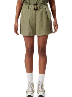 Short chino kaki uni avec une coupe droite et une ceinture imprimée à la taille