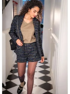 Short Chino marine carreaux avec une coupe slim et matière en tweed
