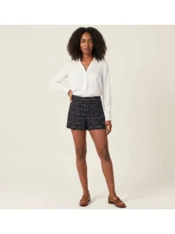 Short Chino marine carreaux avec une coupe slim et matière en tweed