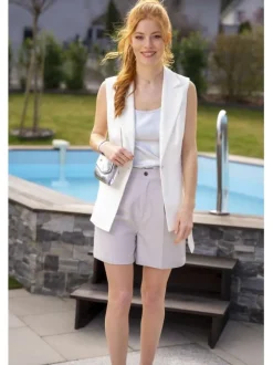 Short Chino Mood écru uni à coupe droite avec 2 poches et 2 pinces