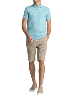 Short Chino 5 poches, en coton stretch beige, à ceinture tressée bleu marine