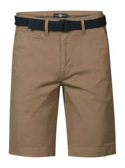 Short Chino 5 poches, en coton stretch beige, à ceinture tressée bleu marine