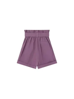 Short chino violet en coton coupe paperbag avec taille élastiquée et revers