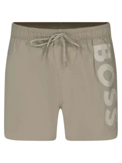 Short de bain beige uni avec une coupe droite et de multiples poches