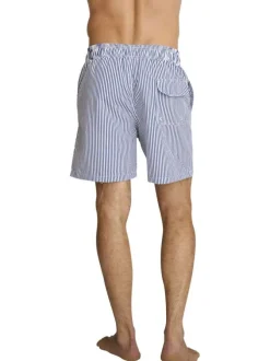 Short de bain bleu et blanc à coupe ajustée pourvu d'une taille élastiquée