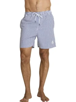 Short de bain bleu et blanc à coupe ajustée pourvu d'une taille élastiquée