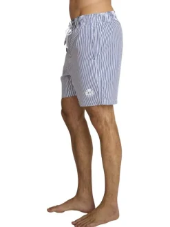 Short de bain bleu et blanc à coupe ajustée pourvu d'une taille élastiquée
