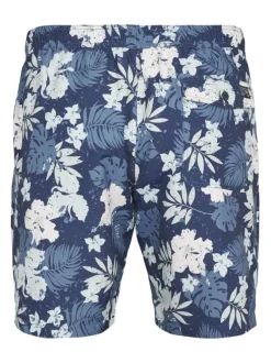 Short de bain bleu et blanc à motif tropical et intérieur slippé