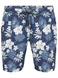 Short de bain bleu et blanc à motif tropical et intérieur slippé