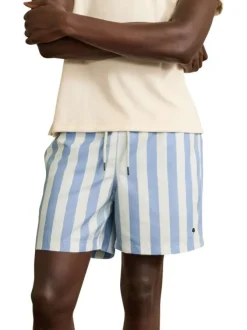 Short de bain bleu à rayures blanches avec une coupe droite