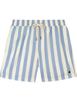 Short de bain bleu à rayures blanches avec une coupe droite