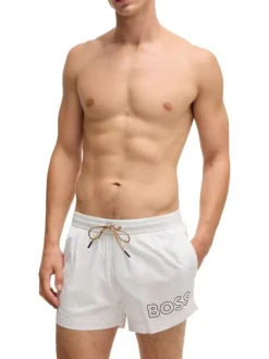 Short de bain court blanc uni à coupe regular fit avec le logo imprimé