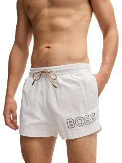 Short de bain court blanc uni à coupe regular fit avec le logo imprimé