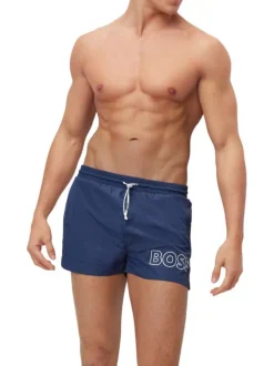 Short de bain court bleu marine uni à coupe regular fit avec le logo imprimé