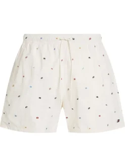 Short de bain écru brodé de drapeaux all-over et taille élastiquée