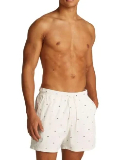 Short de bain écru brodé de drapeaux all-over et taille élastiquée