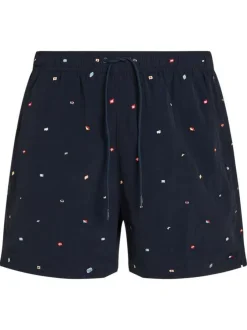 Short de bain marine avec drapeaux brodés all-over et taille élastiquée