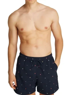Short de bain marine avec drapeaux brodés all-over et taille élastiquée