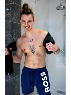Short de bain marine uni avec gros logo coupe droite