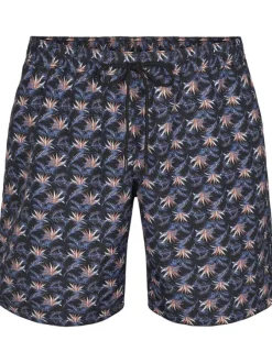 Short de bain noir slippé à motif tropical rouge et blanc avec cordon de serrage