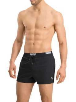 Short de bain noir uni avec une coupe regular fit et logo floqué